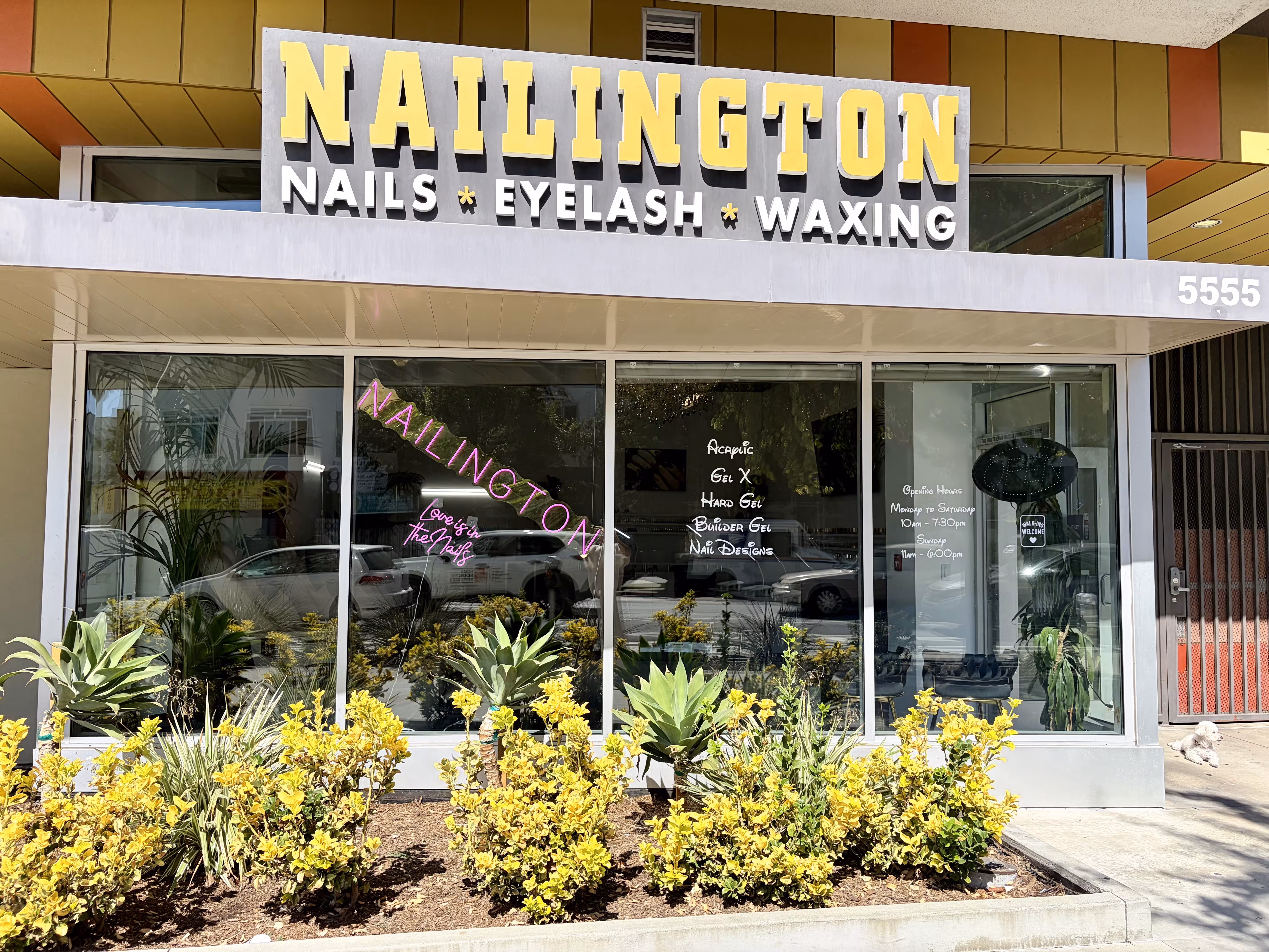 Exterior of Nailington Nail Boutique featuring vibrant signage and lush greenery