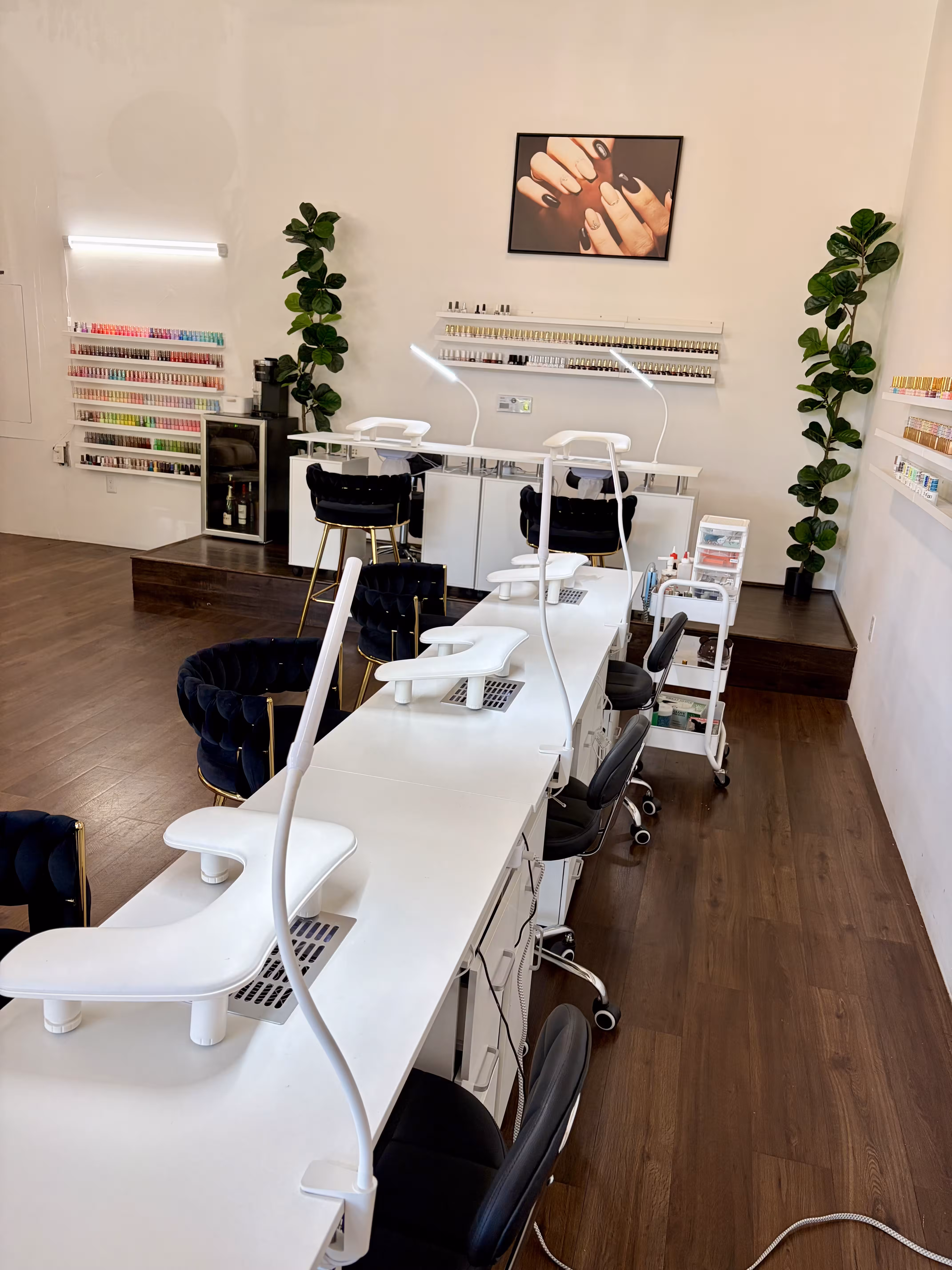 Modern nail stations at Nailington Nail Boutique offering luxury manicure services